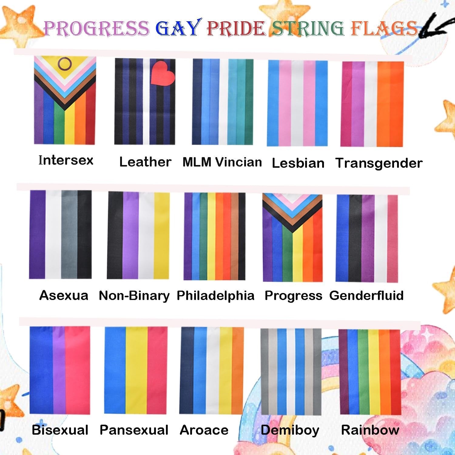 Collection of various pride flags with labels on a colorful background.