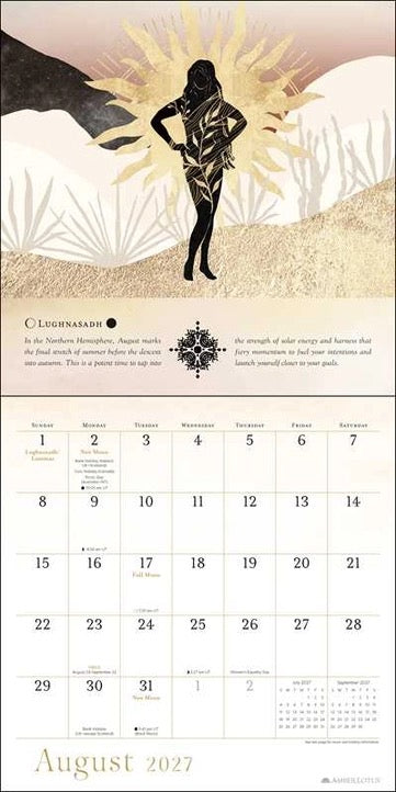 A vertical August 2027 calendar page featuring an artistic illustration of a woman in a sunlit desert scene with cactus silhouettes, plus a monthly calendar grid below.