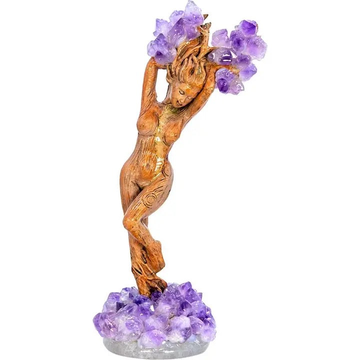 Statue female in tree shape with amethyst clusters for branches and at the base.