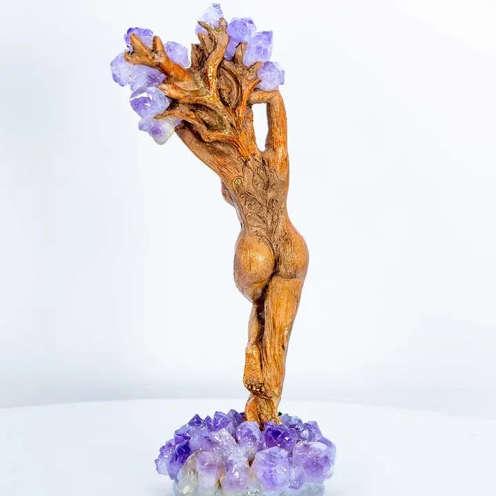 Statue female in tree shape with amethyst clusters for branches and at the base. back view