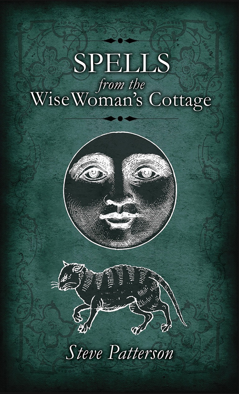 Book cover of 'Spells from the Wise Woman's Cottage' with a moon and cat illustration on a dark green background.