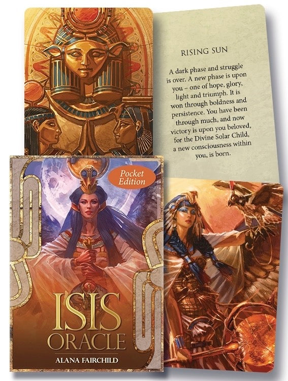 Isis Oracle book with illustrations of Egyptian deities and text on a white background