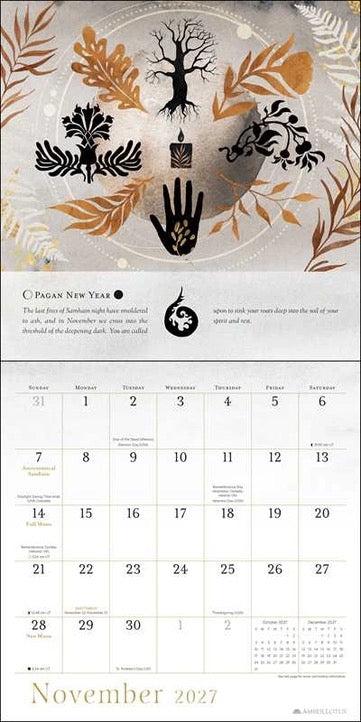 A Pagan New Year 2022 calendar page showing decorative autumn-themed artwork at the top and a monthly calendar grid for November 2022 below.