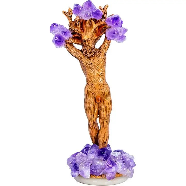Statue male in tree shape with amethyst clusters for branches and at the base.