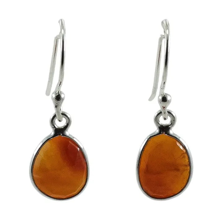 Pair of silver earrings with amber-colored stones on a white background