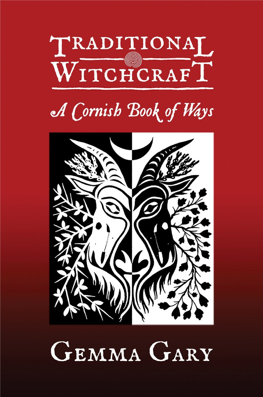 Book cover of 'Traditional Witchcraft: A Cornish Book of Ways' by Gemma Gary with a red background and black and white illustration.