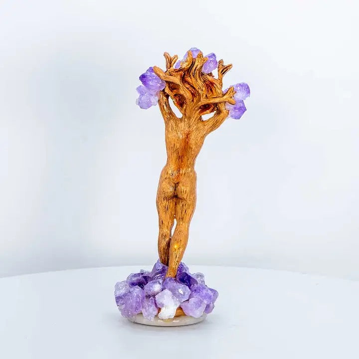 Statue male in tree shape with amethyst clusters for branches and at the base. back view