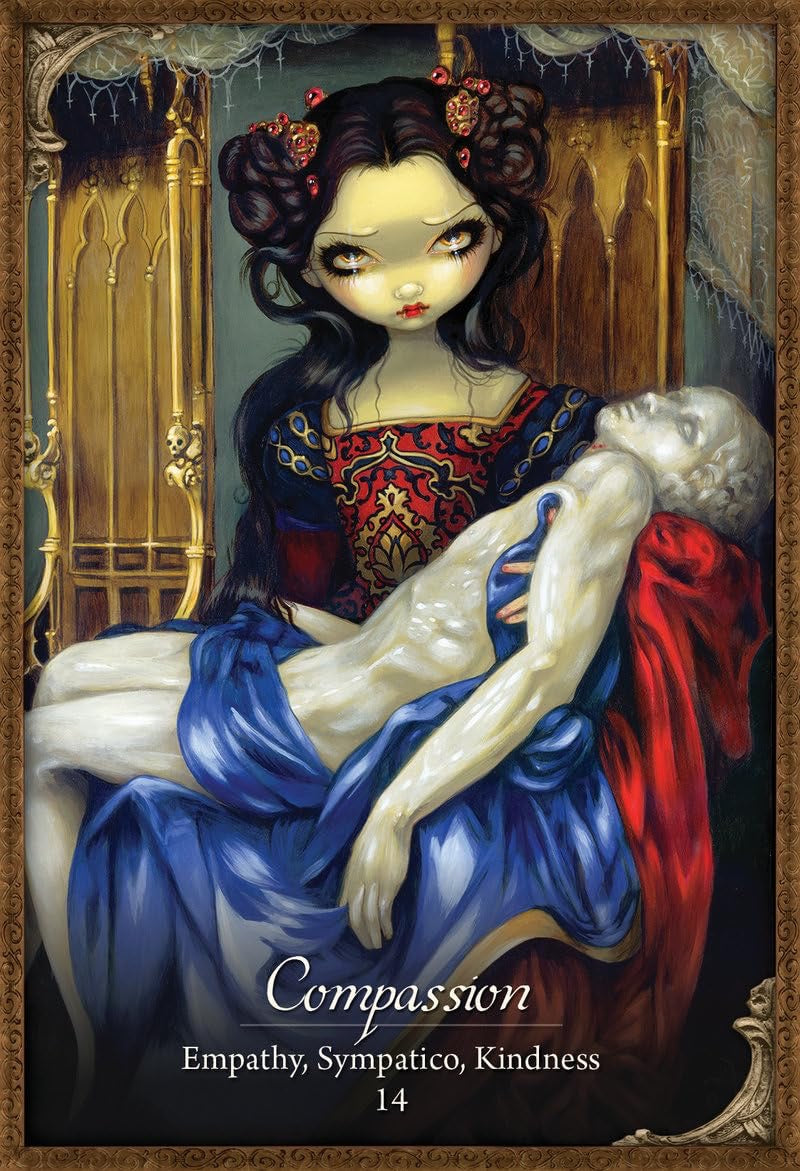 Artistic depiction of a woman holding a skeleton with 'Compassion' text below.