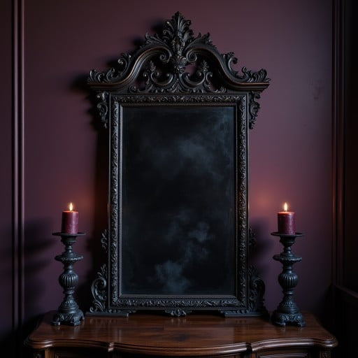 Decorative mirror with intricate frame on a wooden surface against a dark purple wall with candles.