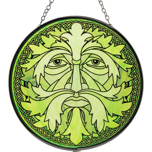 Circular green leafy design with Celtic patterns on a white background