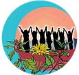 A circular graphic print featuring a row of black cat silhouettes standing against a sunset gradient of orange, pink, and yellow, with green and red tropical leaves and flowers at the bottom, set against a teal background.