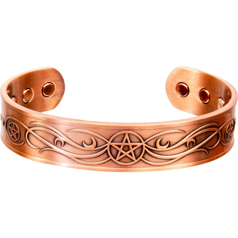 Copper bracelet with pentacle design on a white background