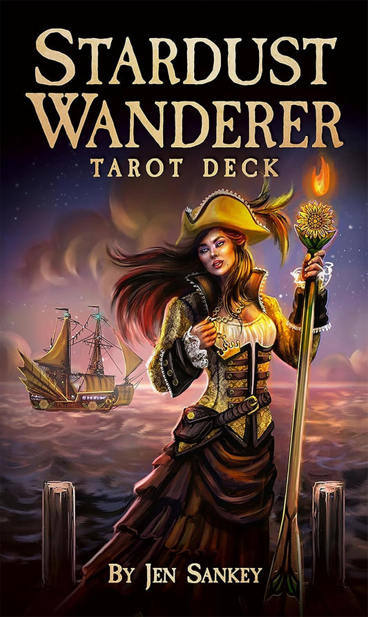 Book cover of 'Stardust Wanderer Tarot Deck' featuring a character with a ship and lantern.