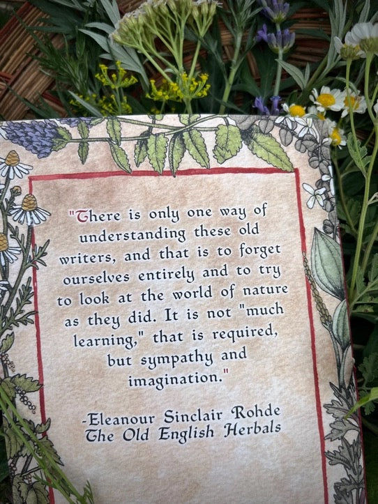 A square herb-themed quote plaque featuring a botanical border and a quote by Eleanor Sinclair Rohde, surrounded by real green herbs and small white and purple flowers. Back of Book