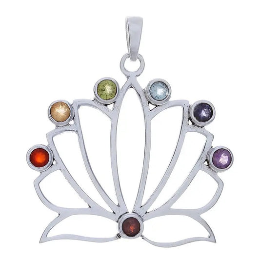Silver pendant with colorful gemstones on a white background