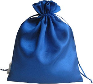 Blue satin drawstring bag on a white background