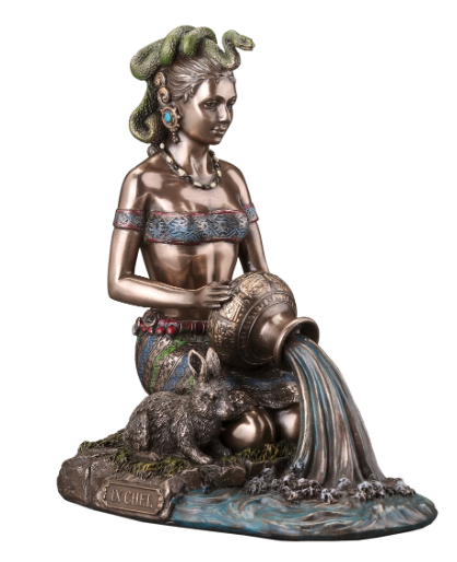 Bronze statue of a goddess with a rabbit and flowing water on a white background