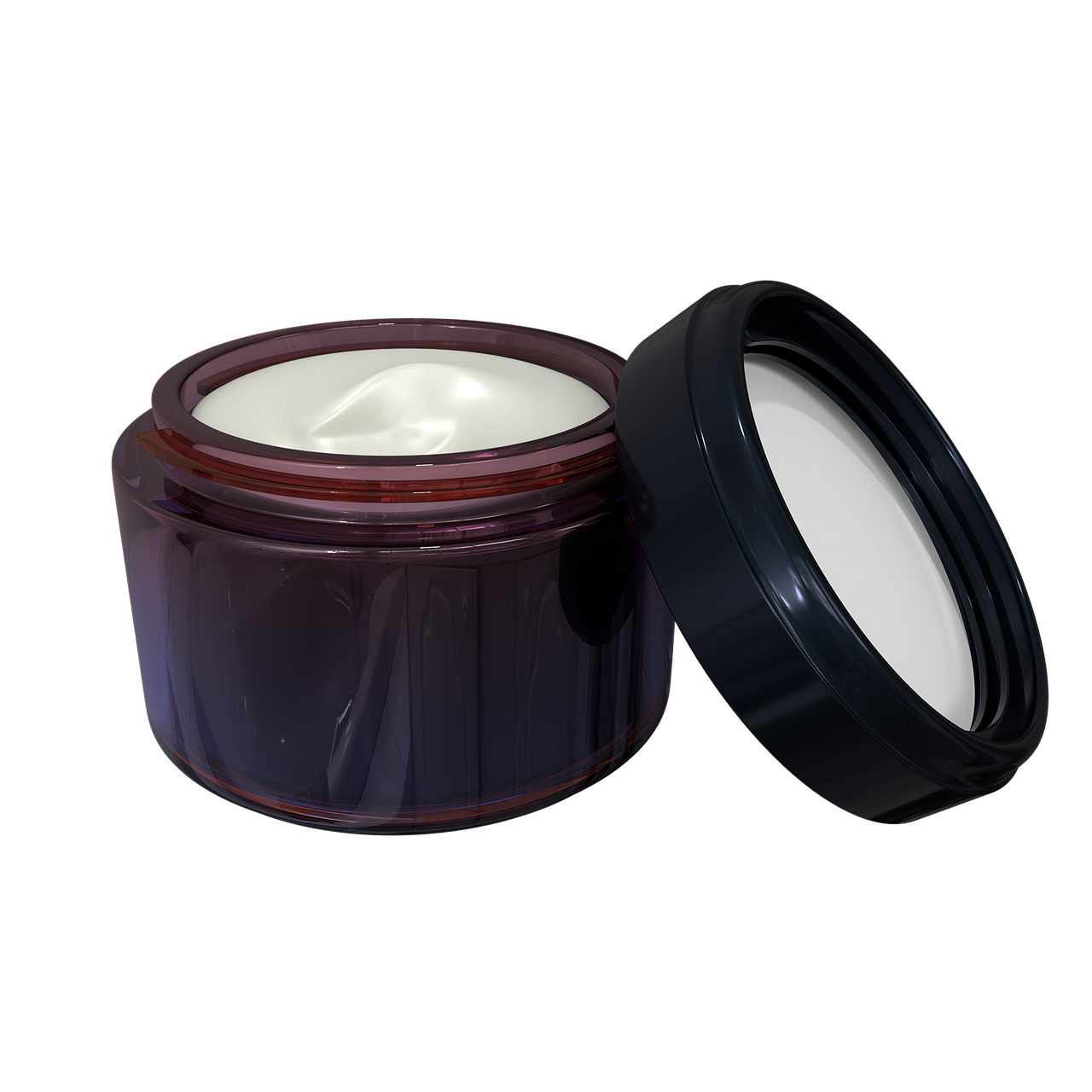 An open dark translucent cosmetic jar filled with white cream, shown with its black lid leaning against it on a plain white background.