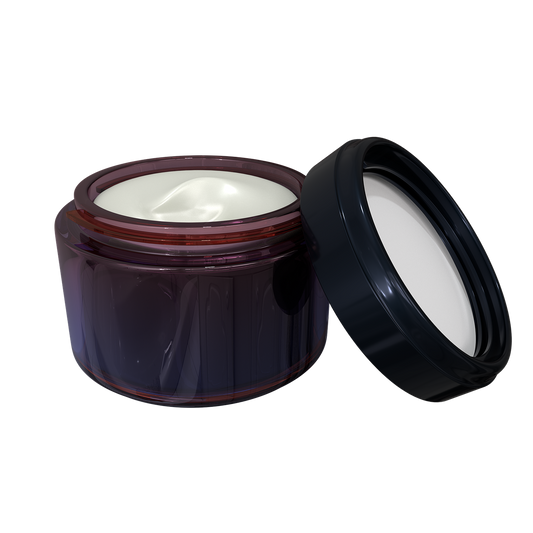 An open dark translucent cosmetic jar filled with white cream, shown with its black lid leaning against it on a plain white background.