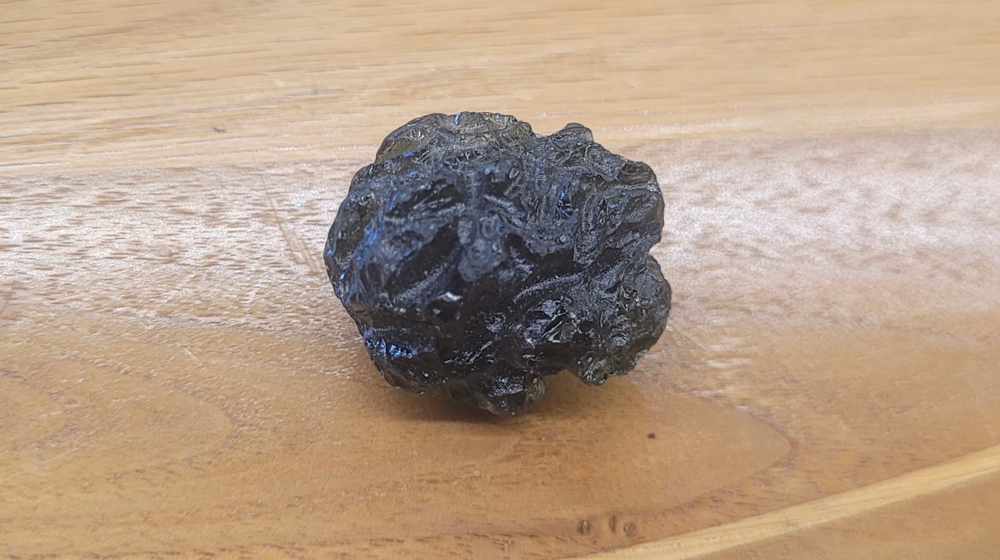 Black mineral or fossil on a wooden surface