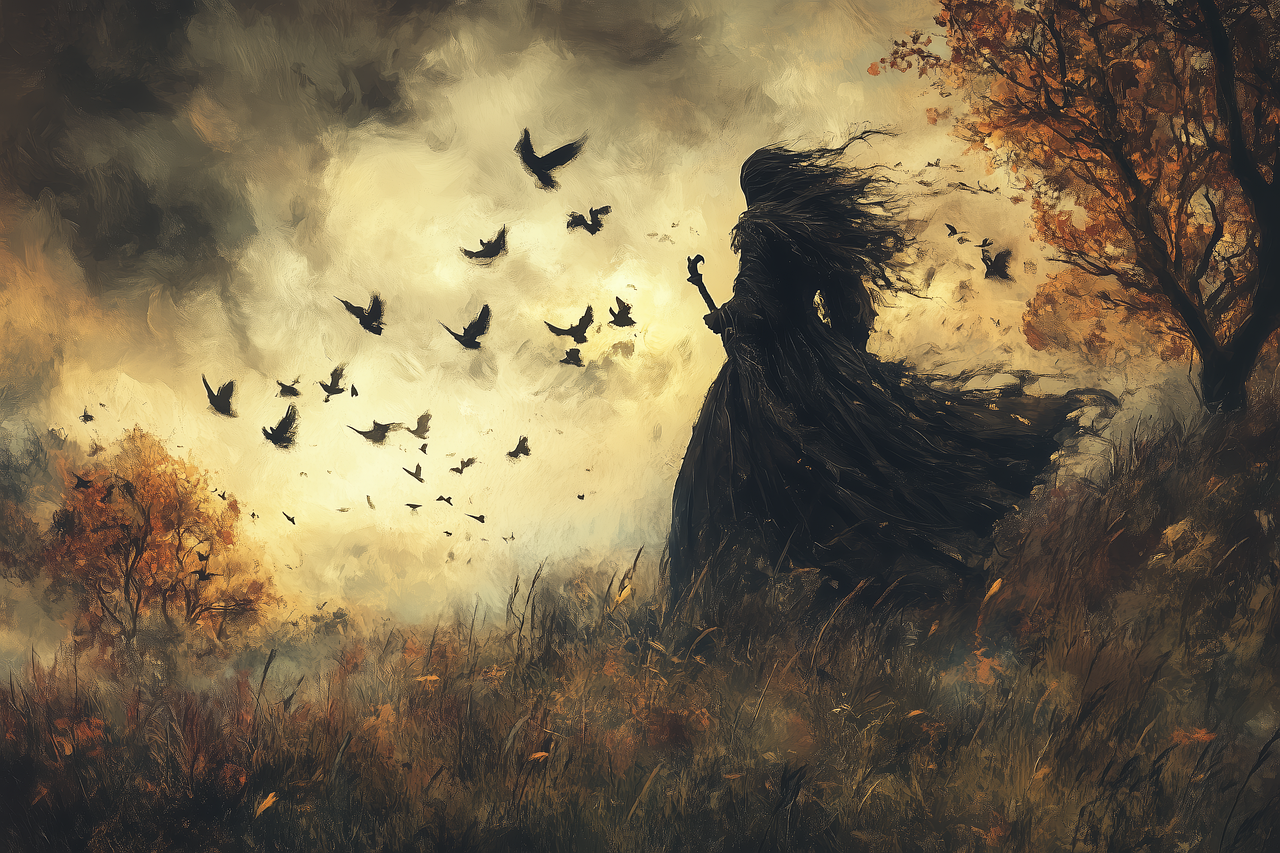 Person in a long coat walking through a field with birds flying around, surrounded by trees with autumn leaves.