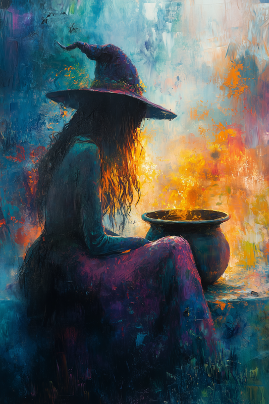 Artistic depiction of a witch with a colorful, abstract background