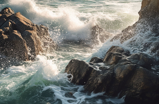 A dramatic coastal scene with waves crashing against dark rocky shoreline, with white sea foam and sunlit water spray.