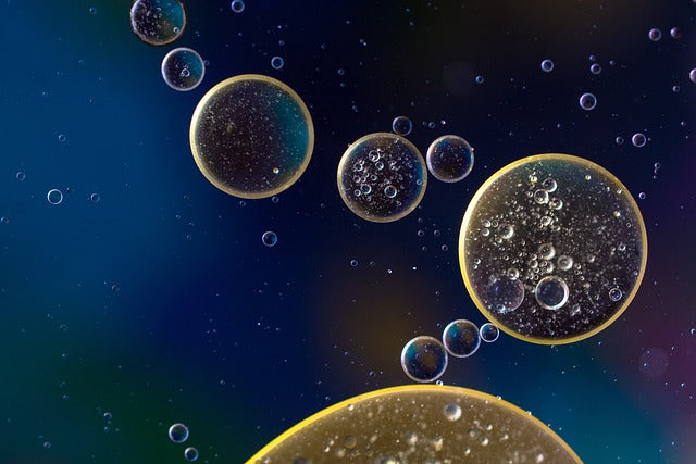 Oil in water bubbles blue and yellow