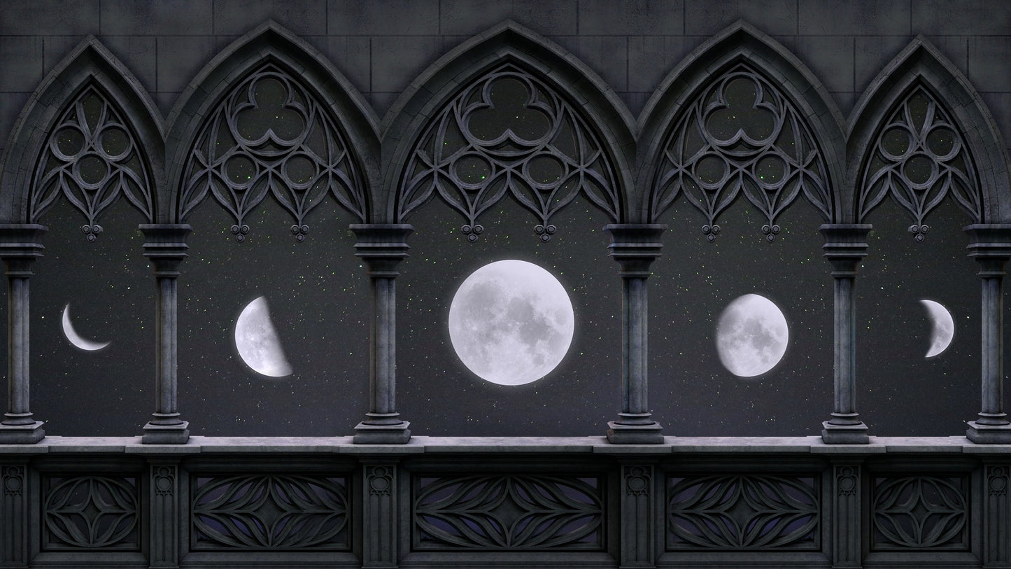 Gothic arches with moon phases on a dark background
