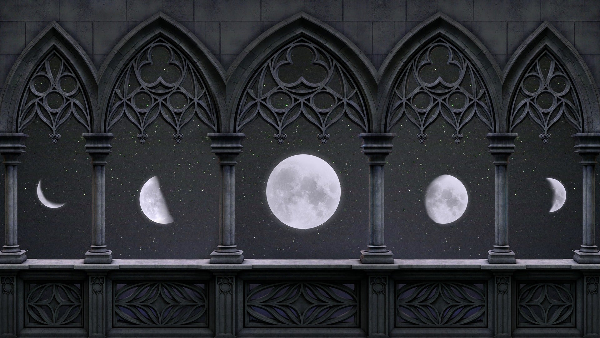 Gothic arches with moon phases on a dark background