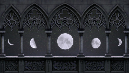 Gothic arches with moon phases on a dark background