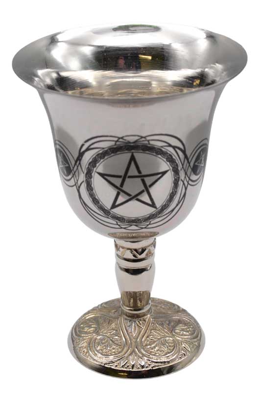 silver chalice with black pentacle