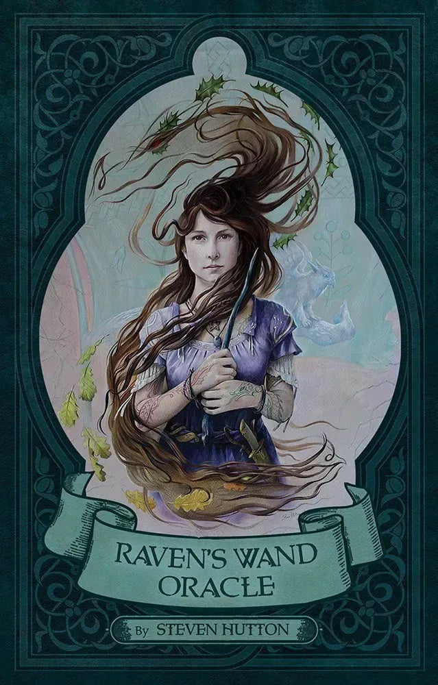 Cover of 'Raven's Wand Oracle' with an illustration of a woman with long hair and a purple dress.