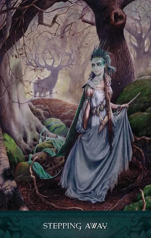 Fairy-like figure in a fantasy forest with a deer in the background
