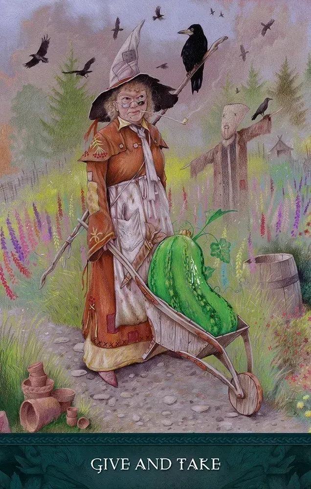 Illustration of a scarecrow with a pumpkin on a cart in a garden setting.