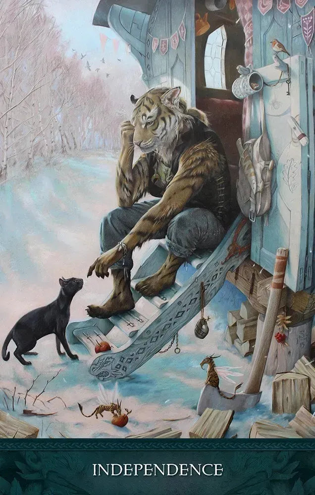 Illustration of a creature sitting on a ladder with a cat and various objects around, with 'INDEPENDENCE' text at the bottom.