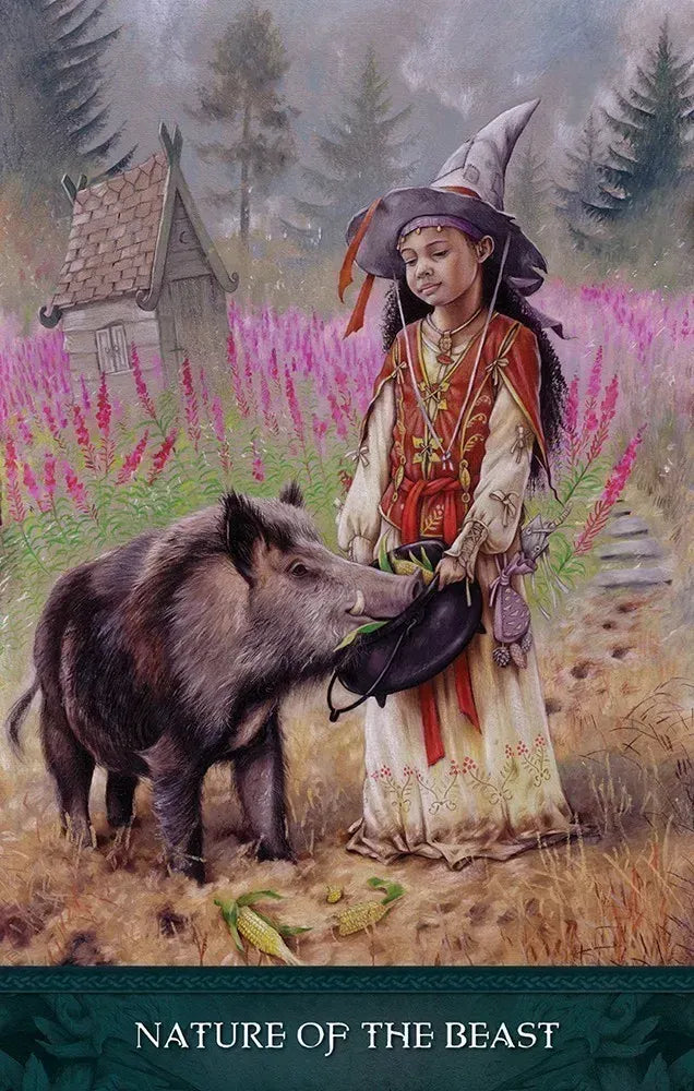 Illustration of a girl in traditional attire interacting with a boar in a forest setting.