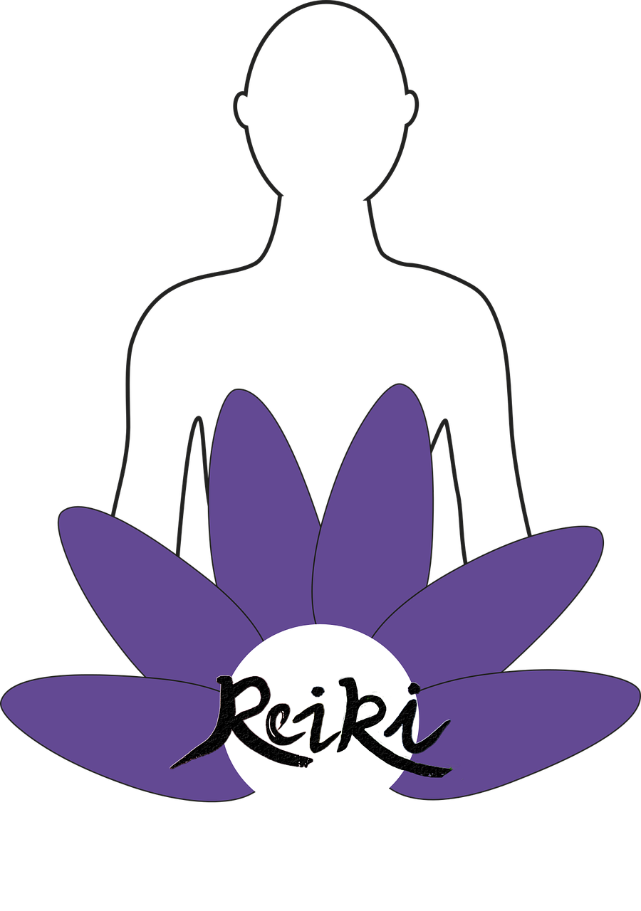 Outline of a person with a purple Reiki symbol on a white background