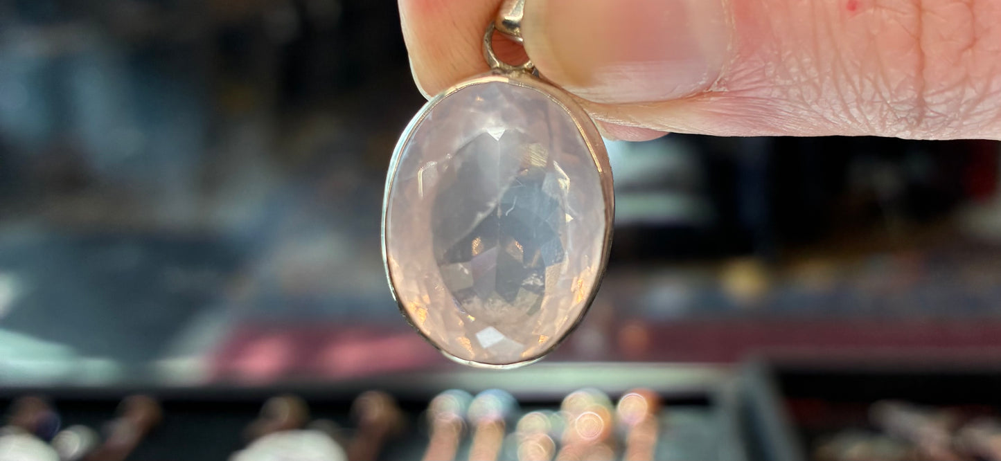 Rose Quartz oval pendant with sterling silver