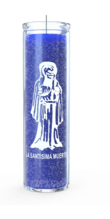 Blue candle with a white figure and text on a white background