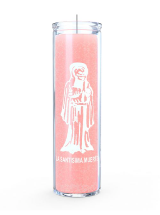 Pink candle with a white icon and text on a white background