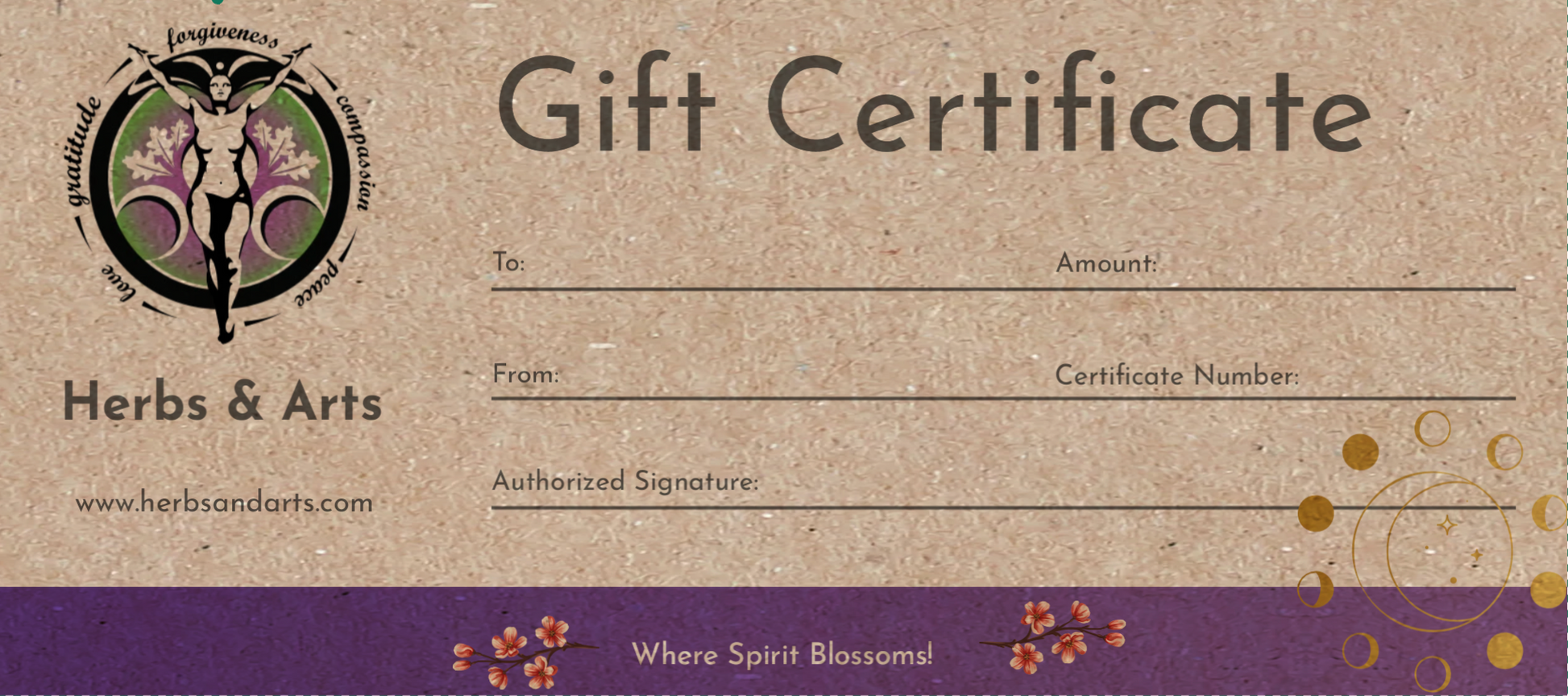 Image of Herbs and Arts gift card with purple band and our logo of a goddess.