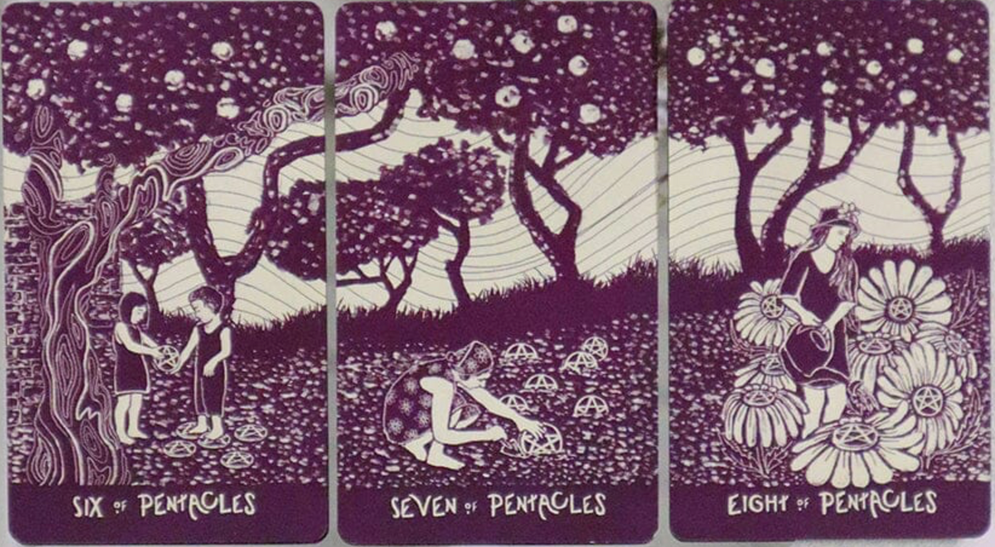 Three tarot cards from the Pentacles suit with illustrations of people and nature on a purple background.