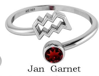 Silver ring with Aquarius zodiac symbol and red gemstone on a white background