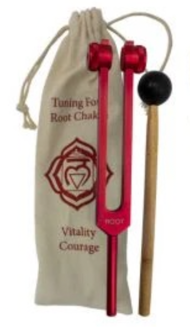 Red tuning fork with black mallet and drawstring bag on a white background