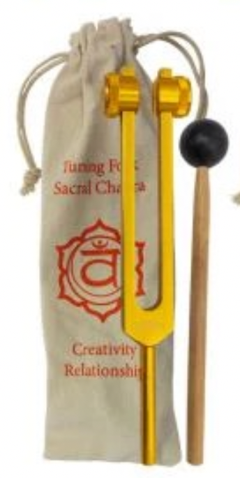 Tuning fork with a drawstring pouch featuring a symbol and text on a white background