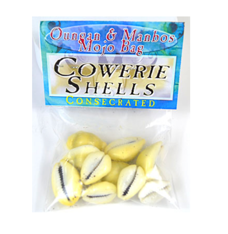 Bag of cowrie shells with a label on a white background