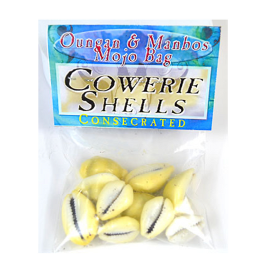 Bag of cowrie shells with a label on a white background