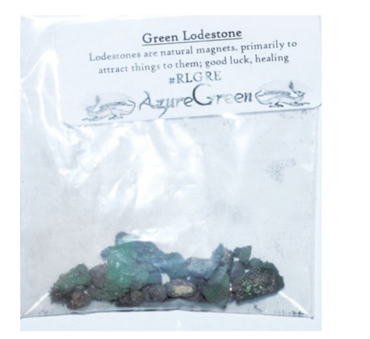 Green lodestone in a clear package with text on a white background