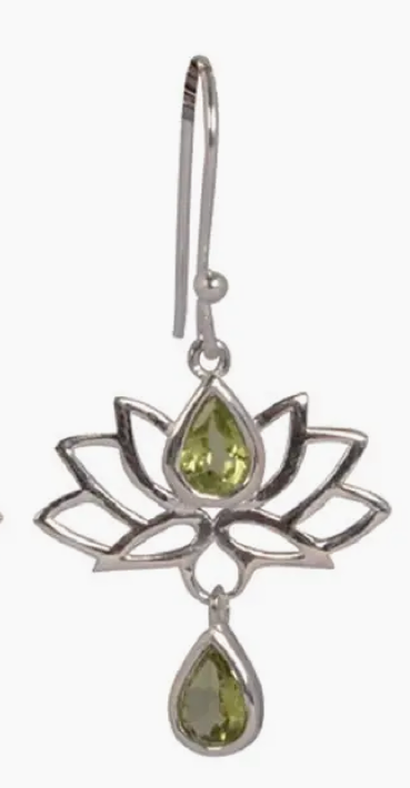 Silver earring with a teardrop-shaped gemstone and lotus flower design on a white background